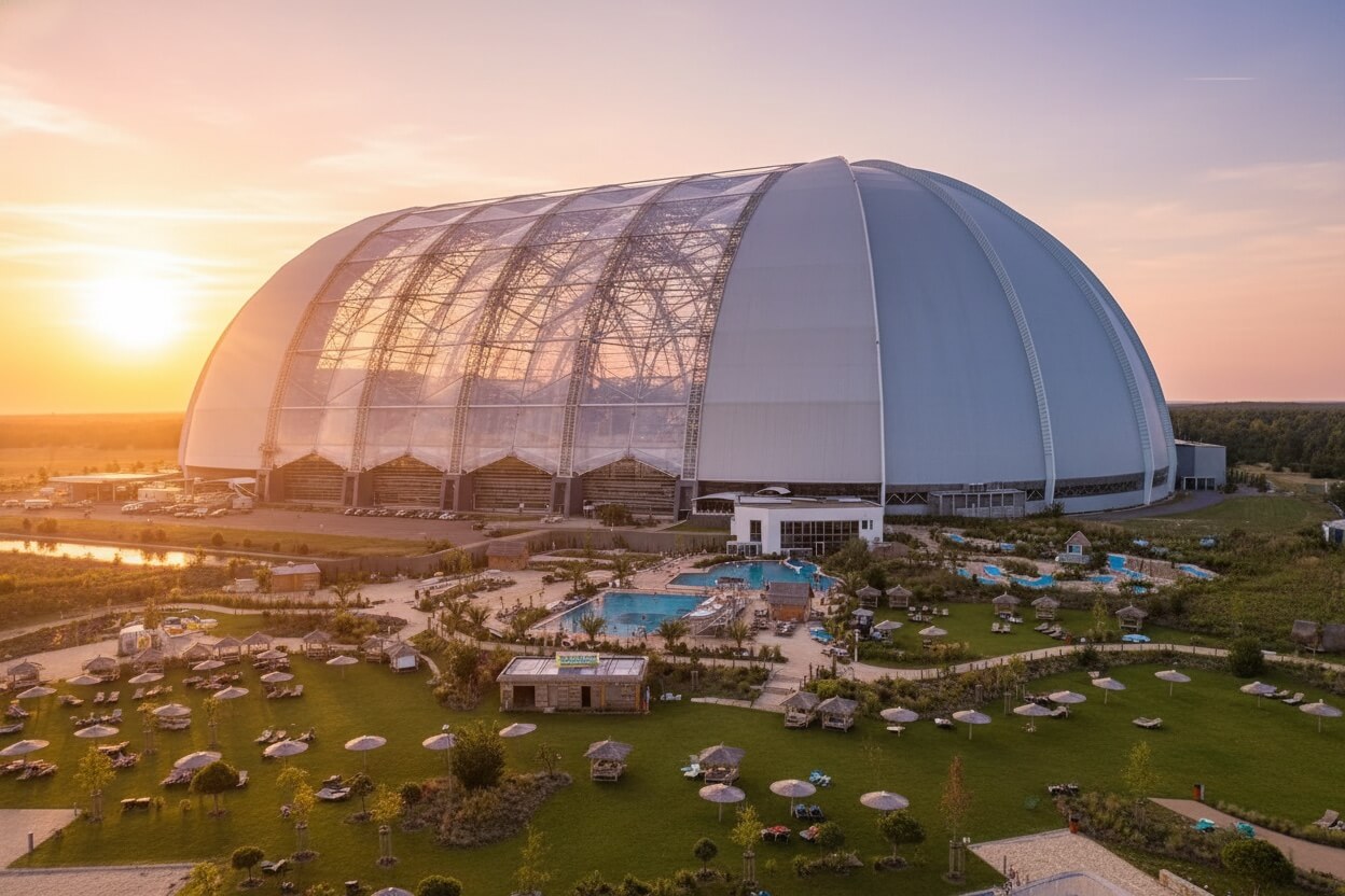 Kopuła Tropical Island od zewnątrz o zachodzie słońca
