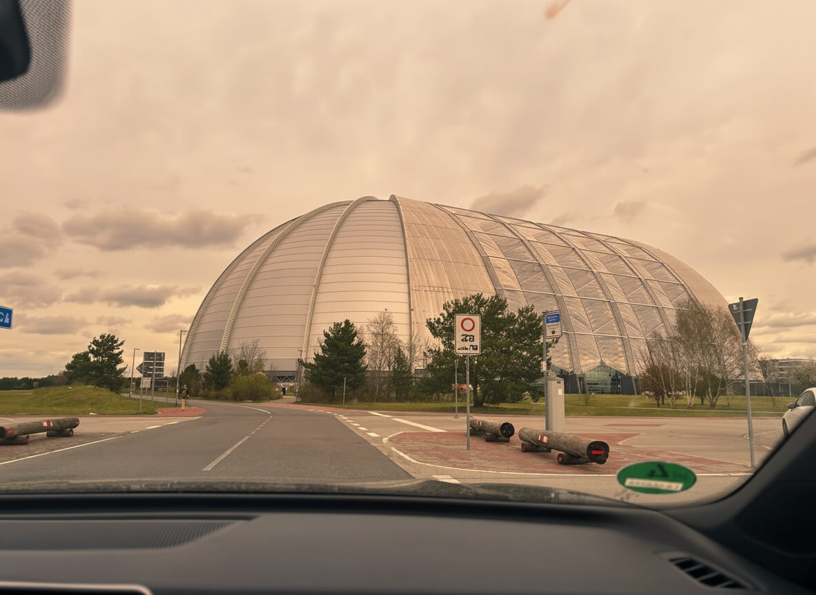 Widok na kopułę Tropical Island od strony drogi